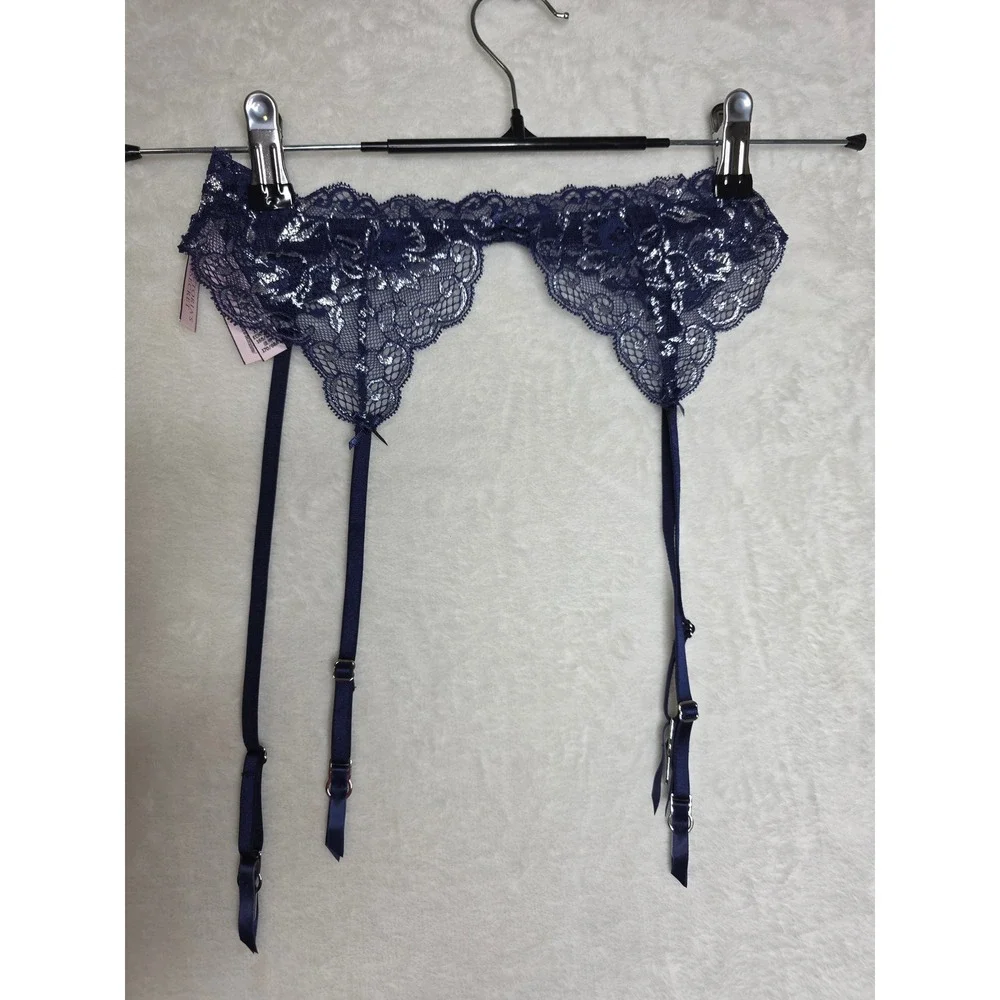 Victoria's Secret‎ NWT Dream Angels Navy Silver Metallic Lace Garter  Belt XS/S